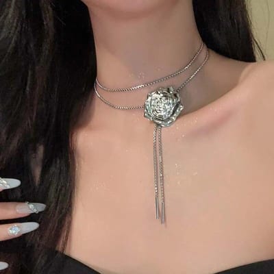 Vintage metalen vloeibare roos bloem ketting voor vrouwen punk hip hop zilveren kleur bloem hanger verstelbare ketting ketting sieraden