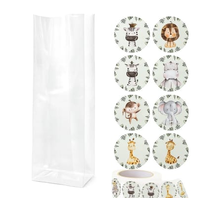 25x Uitdeelzakjes met Jungle stickers | Blokbodem | 60 x 50 x 200 mm | Traktatiezakjes | Kinderfeestje | Cellofaanzakjes | Cadeauzakjes | Snoepzakjes | Uitdeelzakjes kinderen | Cadeauzakjes Kinderen | Verpakkingszakjes Uitdeelcadeaus |