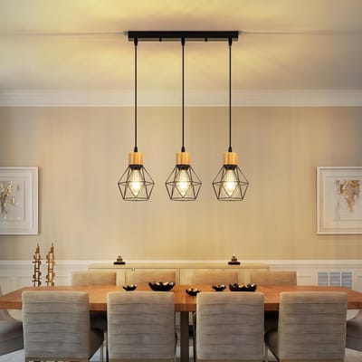 Glitzerlife - Hanglampen - Vintage Industriële Stijl - 3xE27 - Hoogteverstelbaar - Metaal Hout Materiaal - Ø45cm - Zwart - Hanglamp Eetkamer Woonkamer Keuken - Hanglampen Eetkamer Industrieel