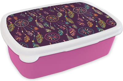 Broodtrommel Roze - Lunchbox - Brooddoos - Dromenvanger - Veren - Patronen - Regenboog - Boho - 18x12x6 cm - Kinderen - Meisje