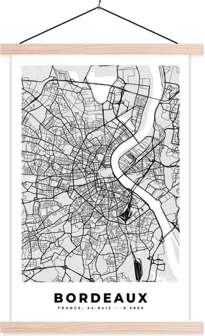 Posterhanger incl. Poster 40x60 cm - Schoolplaat - Plattegrond - Bordeaux - Stadskaart - Kaart - Frankrijk - Textielposter - Blanke latten - Stadskaart