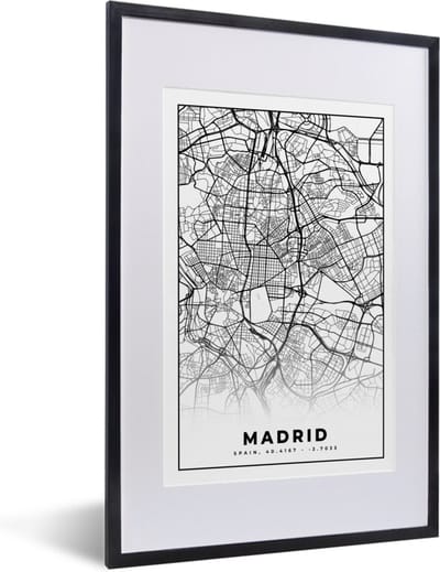 Fotolijst incl. Poster Zwart Wit- Madrid - Zwart Wit - Stadskaart - Plattegrond - Kaart - 40x60 cm - Posterlijst