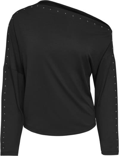 Only zwarte dames t-shirt   Off-shoulder halslijn   Regular fit   Studs patroon   Lange mouw Zwart XS