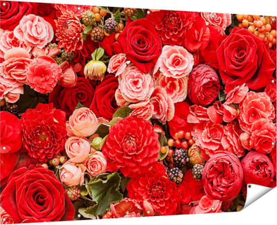 Gards Tuinposter Rode en Roze Bloemen met Fruit - Abstract - 180x120 cm - Tuindoek - Tuindecoratie - Wanddecoratie buiten - Tuinschilderij