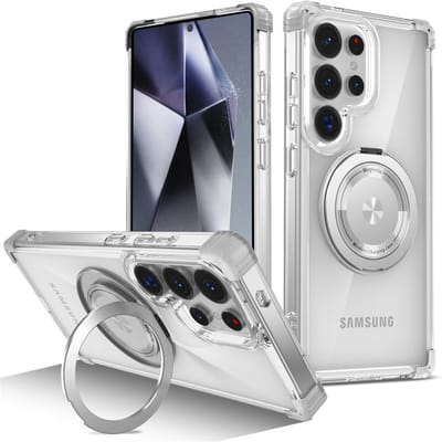 Support Pliant Magnétique Rotatif Coque de Téléphone Transparente Pour Samsung S26 S25 Edge S24 S23 Plus Fe S21 Ultra Housse Blindée Résistante aux Chocs For Galaxy S23Plus&Case & Holder transparent