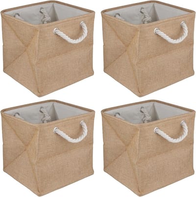 Set van 4 Linnen Opbergdozen 28 x 28 x 28 cm Bruin met Handvatten voor Woonkamer en Slaapkamer, Ideaal voor Organisatie en Opslag