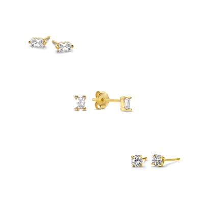 New Bling 9NB-SET038 Zilveren Oorknopjes setje - 3 paar - Earparty - Oorbellen - Zirkonia - 3-3,5-5mm - Zilver - Gold Plated (Verguld/Goud op Zilver)