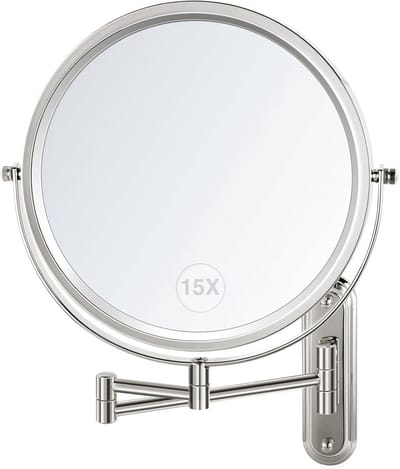 Dubbelzijdige 8,5 inch make-upspiegel met verlengde arm - 1X/15X vergrotende spiegel voor make-up en scheren - chroom afwerking