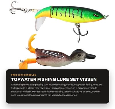 Dailygoods- Visspelden Set van 3 - Topwater Kunstaas - 3D Eend/Topwater Kikker - Kunststof/Metaal - Realistische Beweging - Voor Zoet/Zoutwater - Visspullen