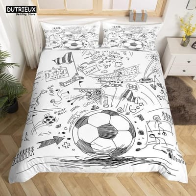 Wit Zwart Voetbal Beddengoed Set Balsporten Bedlinnen Dubbel Queen King Twin Volledige Maat Jongens Tieners Voetbal Dekbedovertrek Set Cadeaus AU Single(140x210cm)