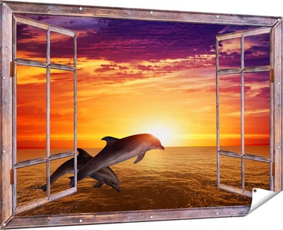 Gards Tuinposter Doorkijk Twee Dolfijnen bij de Zonsondergang - 180x120 cm - Tuindoek - Tuindecoratie - Wanddecoratie buiten - Tuinschilderij
