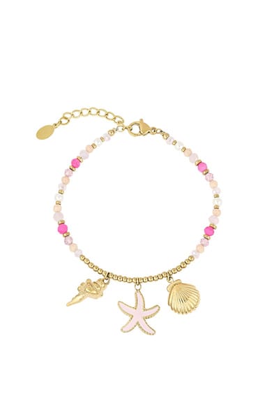 Dames armband pink beach babe goudkleurig - Zomerse Bedels - Roestvrij staal - Waterproof - 16 cm