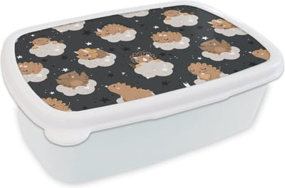 Broodtrommel Wit - Lunchbox - Brooddoos - Patroon - Jongens - Dino - Kinderen - 18x12x6 cm - Volwassenen