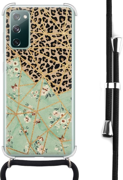 Hoesje met koord - Geschikt voor Samsung Galaxy S20 FE - Luipaard bloemen print - Verstelbaar zwart koord - Crossbody - Bloemen - Transparant, Multi - Leuke Telefoonhoesjes