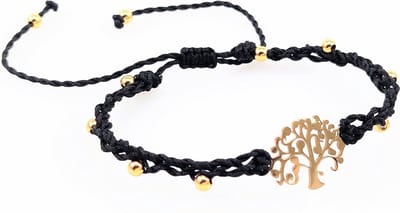 Handgemaakte Zwarte Macramé Armband - RVS Levensboom Goudkleur