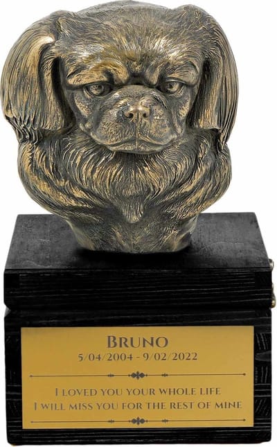 Tibetaanse Spaniel urn hond met gravure en hondensculptuur, handgemaakt