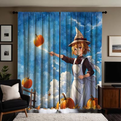 2 stuks set HD Thanksgiving blauwe lucht onder tiener pompoen decoratief gordijn Blauwe stropdas digitaal bedrukt gordijn Huisdecoratie styl W52H63inchW132H160cm blue