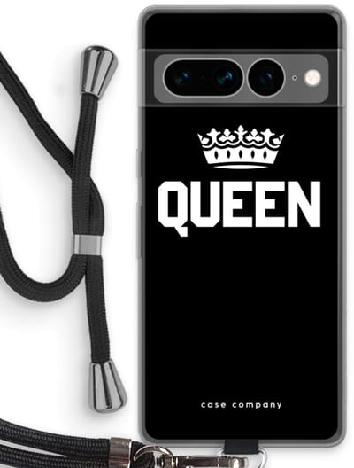 Case Company® - Hoesje met koord geschikt voor Google Pixel 7 Pro hoesje met Koord - Queen zwart - Telefoonhoesje met Zwart Koord - Bescherming aan alle Kanten en Over de Schermrand