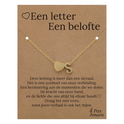 Letter S ketting op Cadeau Kaartje - Een letter, een belofte - 45cm Goudkleurig Stainless Steel - Initiaal & Hartje Hanger - Pax Amare