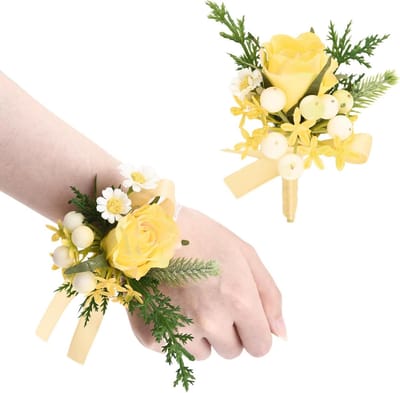 Pols Corsage Boutonniere Set - Kunstbloemen Bruiloft - Feestelijke Decoratie - Romantisch Rozenontwerp - 2 Stuks - Lichtgeel