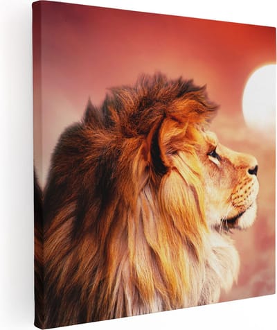 Artaza Canvas Schilderij Leeuw - 80x80 cm - Wanddecoratie Dieren - Muurdecoratie Zonsondergang - Schilderijen Op Canvas