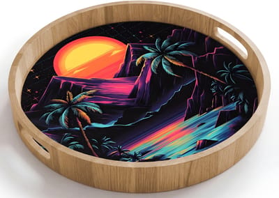 Dienblad rond 40x40 cm - Schootdienblad hout - Palmbomen - Neonbergen - Sterrenhemel - Zon - Borrelplank rechthoek - Plateau houten dienbladen