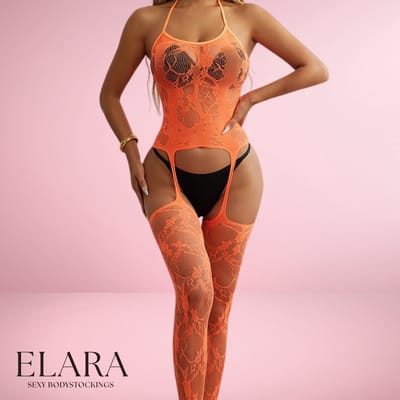 Elara - Calindra - Bodystocking Erotische Lingerie met Open Kruis - Catsuit - S t/m XL - Sexy Dames Lingerie - Oranje
