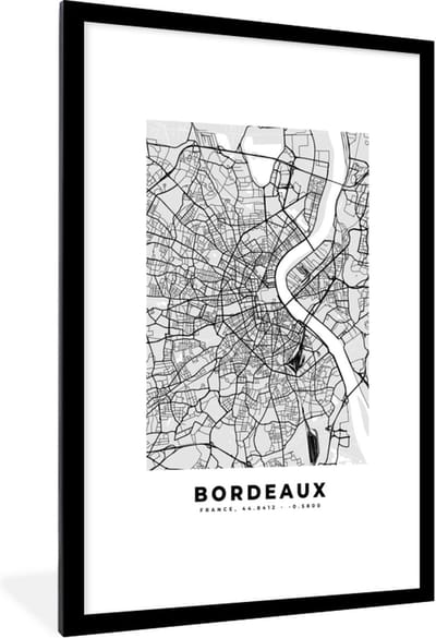 Fotolijst incl. Poster - Plattegrond - Bordeaux - Stadskaart - Kaart - Frankrijk - 80x120 cm - Posterlijst