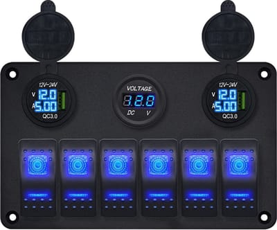 ProRide Schakelpaneel 12V voor Auto/Boot - USB Lader 2 Poorten met Voltmeter/Ampèremeter - QC3.0 - 6 Schakelaars