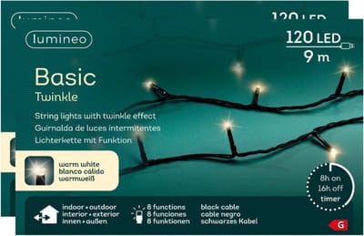 Lumineo Kerstverlichting - 2x - 120 led lampjes - warm wit - 9 meter - zwart snoer - lichtsnoer - buiten