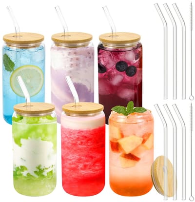 set van 6 drinkglazen met deksel en rietje, 500ml glas voor ijskoffie met bamboe deksel, cocktailglas set voor matcha, whisky, latte, cocktails, smoothie, sap, bier, bubble tea en meer