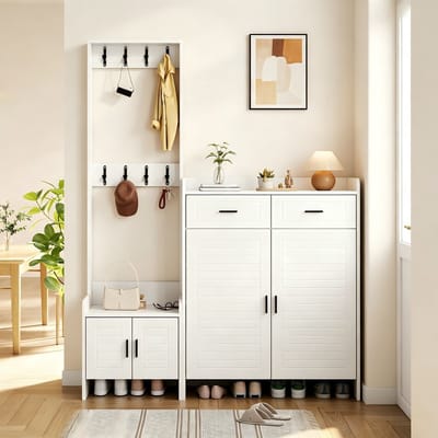 Sweiko Schoenenkast - Halmeubel - Kapstok - 2 lades - 8 haken - 125 x 36 x 165 cm - Wit