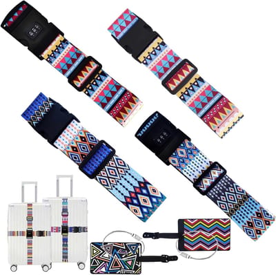 Bohemian Ethnic Style Bagagestraps met Combinatieslot - 4 Stuks Verstelbare Antislip Kofferspullen met 2 Bagagetags voor Veilig Reizen