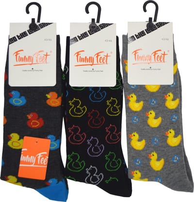 Funny Feet socks - Happy Duck Heren kousen - cadeau - grappige mannen sokken - 3 paar - Maat 43/46 - comb grijs