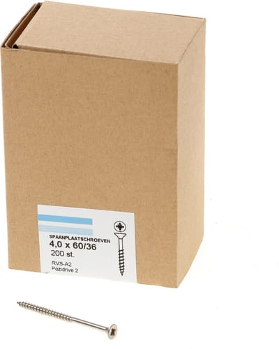 Hoenderdaal Spaanplaatschroef RVS platverzonken kop PZ2 deeldraad 4.0X60/35 (per 200 stuks)