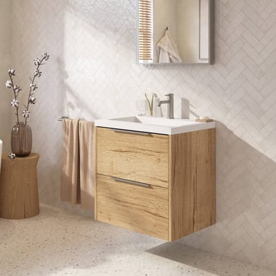 Saqu Lima ondiep badmeubel incl. glans witte wastafel 60x40x64cm eiken marcato – rvs greep
