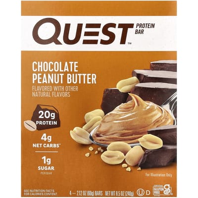 Quest Nutrition, Barre protéinée, Beurre de cacahuète au chocolat, 4 barres, 2,12 oz (60 g) chaque