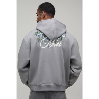 Oversized Boxy Hoodie Voor Heren Met Bloemenborduursel | Grey | Size Small