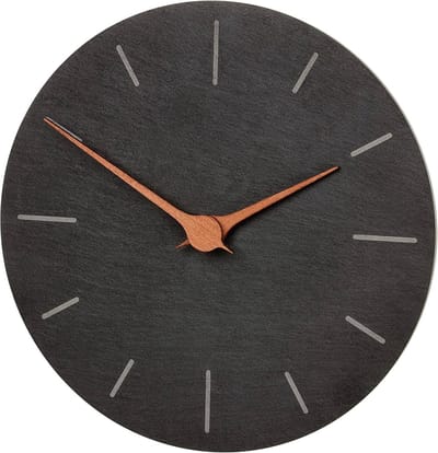 Wandklok van Leisteen zonder tikkende geluiden - Moderne Kwartsklok 25 cm - Walnoothouten wijzers - Zwart