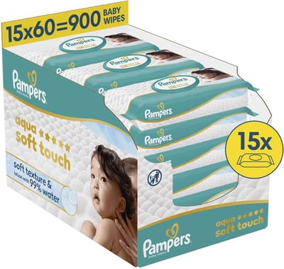 Pampers Aqua Soft Touch - Billendoekjes - Zachte Textuur & Lotion Met 99% Water - 15 Verpakkingen van 60 Doekjes = 900 Babydoekjes