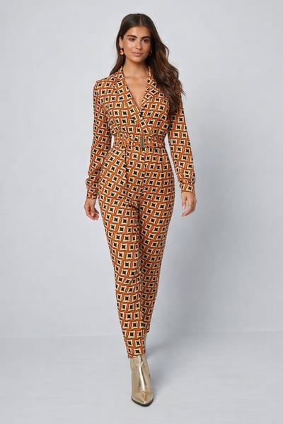 Trendy Festival Jumpsuit - Dames Outfit - Geometrisch Design - Oranje - Polyester - M - Feest / Casual