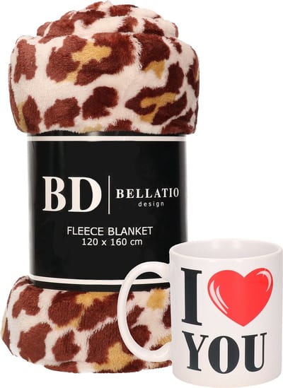 Valentijn cadeau set - Fleece plaid/deken panter print met I love you mok - Cadeau vrouw, vriendin, geliefde