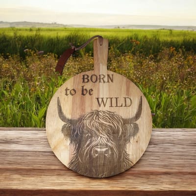 Baardmans Creaties - Luxe plantaardig geoliede serveerplank rond - Schotse hooglander - born to be wild