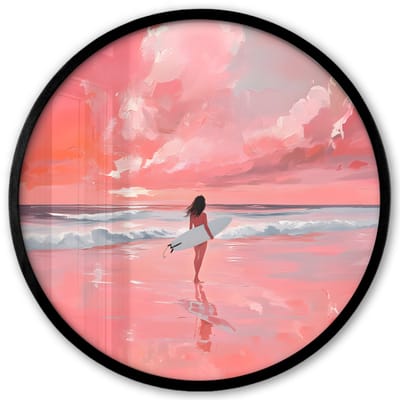 Poster in lijst Rond - Fotolijst 40x40 cm - Posters - Roze - Surfen - Zee - Ronde posterlijst zwart - Decoratie - Wanddecoratie woonkamer - Muurdecoratie slaapkamer