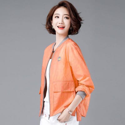 Geborduurde zonwerende kleding Dames met lange mouwen Zomer Licht en ademend Korte jas Losse anti-snurkkleding Top XXL oranje