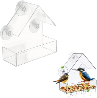 Voederhuisje voor aan het raam, voederhuisje voor aan het raam met zuignap, kan aan het glaspaneel worden bevestigd, geschikt voor thuistuin 15 x 6,5 x 15 cm (transparant)