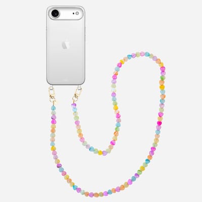 xoxo Wildhearts siliconen hoesje - Geschikt voor iPhone 17 Air hoesje - Shell Hearts (long) - Telefoonhoesje - Hoesje met koord - gekleurde hartjes - Lang koord - Transparant hoesje met telefoonkoord - Regenboog / Meerkleurig
