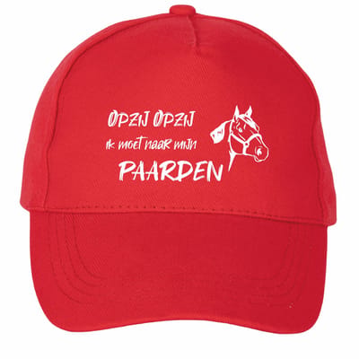 Mijncadeautje - 5 panel - Cap - Verstelbaar - Pet van 100% dik geborsteld katoen- unisex - opdruk wit - opzij opzij naar mijn paarden - rood