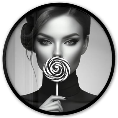 Poster in lijst Rond - Fotolijst 40x40 cm - Posters - Vrouw - Lolly - Zwart - Ronde posterlijst zwart - Decoratie - Wanddecoratie woonkamer - Muurdecoratie slaapkamer