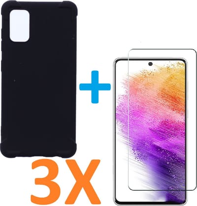 Anti-Shock silicone hoesje zwart met 3 Pack Tempered glas Screen Protector Geschikt voor: Samsung Galaxy A73 5G